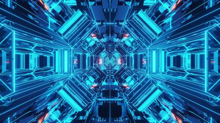 3d illustration background wallpaper graphic artwork with blue neon wireframe science fiction tunnel corridor passageway hangar with nice reflectionsのイラスト素材