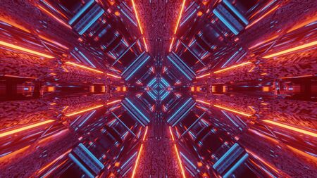 3d illustration background wallpaper graphic artwork of a futuristic scifi space ship hangar tunnel corridor passageway with glowing neon lights and cool reflections,の写真素材