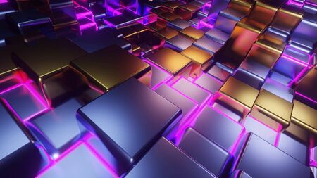 abstract cube grid with glowing metal neon 3d illustration background wallpaperの写真素材