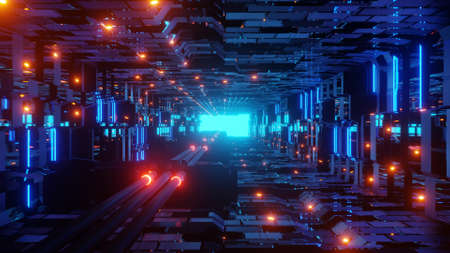 glowing electric pipes with neon lights in a futuristic science fiction tunnel corridor with blue light at the end - a very cool 3d illustrationbackground wallpaperの写真素材