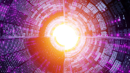 futuristic space ship tunnel fly through with cool shadows and neon lights - a science fiction 3d...