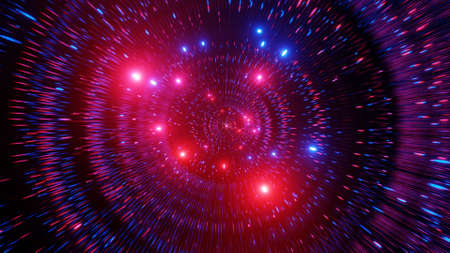 Glowing color changing particles space tunnel 3d illustration background.