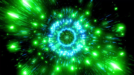 Color changing green orange neon sci-fi tunnel 3d illustration background walllpaper design artwork