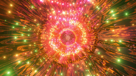 Orange green pink science fiction corridor tunnel 3d illustration artwork design background...