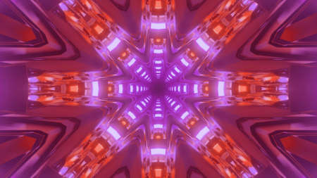 3d illustration of endless corridor with neon lightsの写真素材