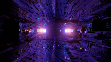 3D illustration of dark geometric glowing corridorの写真素材