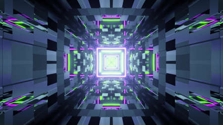 3d illustration of geometric tunnel with neon lightsの写真素材