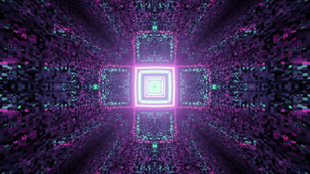 Geometric cross shaped ornament shining on colorful tunnel in 3D illustrationの写真素材