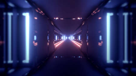 3d illustration of dark tunnel with neon illuminationの写真素材