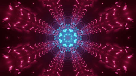 3d illustration of abstract background of kaleidoscopic endless corridor with glowing pink and blue colorsの写真素材