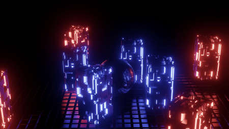 4K UHD 3D illustration of metal ball near neon blocks
