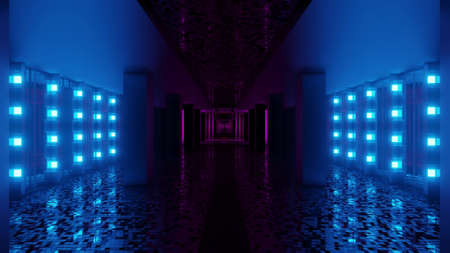 3d illustration of UHD dark tunnel with neon lightsの写真素材