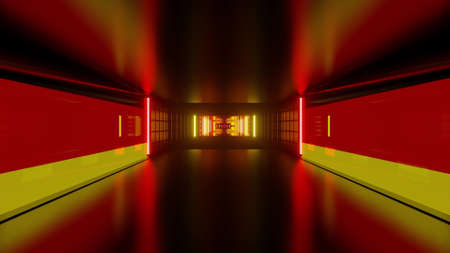 3d illustration of geometric tunnel with red and yellow lights