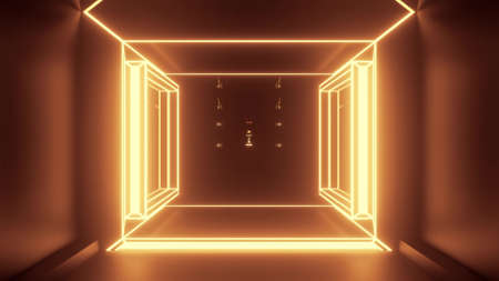 3d illustration of 4K UHD neon corridor in shape of squareの写真素材