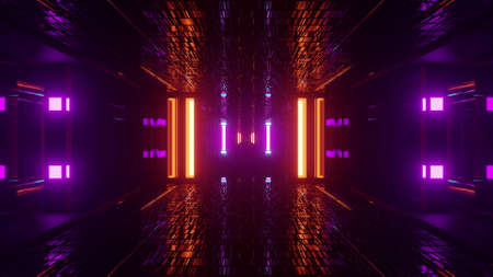 corridor with multicolored neon lamps 3D illustration