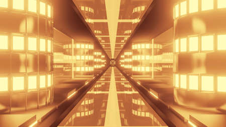 neon lamps inside golden tunnel 3D illustration