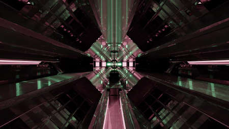 UHD 3D illustration of geometric tunnel with neon lights as abstract background