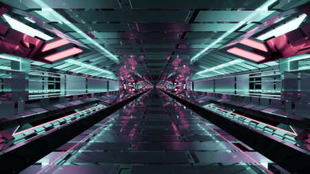 Abstract 3D illustration of sci fi tunnel with neon lamps in 4K UHDの写真素材