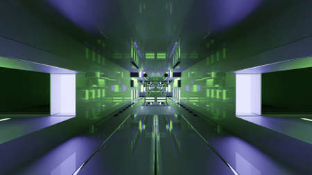 3d illustration of endless futuristic green corridorの写真素材