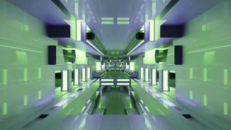 3d illustration of sci fi green corridorの写真素材