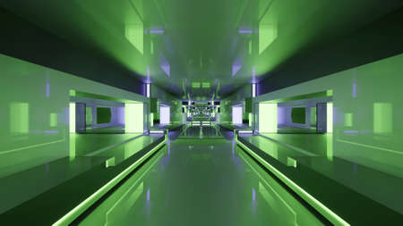 3d illustration of bright green futuristic tunnelの写真素材
