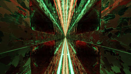 3d illustration of shiny straight lines in dark 4K UHD tunnel