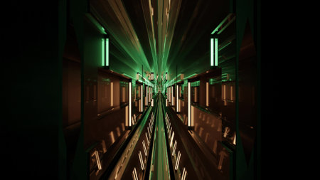 3d illustration of glowing lamps in dark UHD tunnelの写真素材
