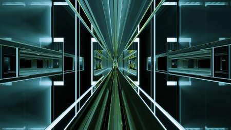 3d illustration of endless UHD tunnel between narrow reflecting wallsの写真素材