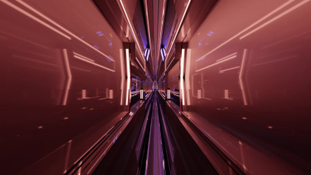 3d illustration with glowing neon lamps in UHD tunnelの写真素材