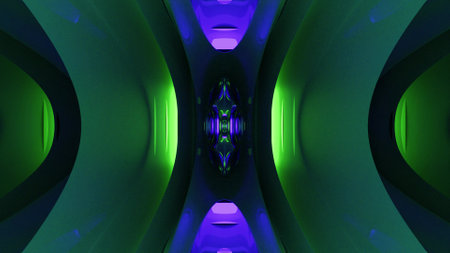 3d illustration of UHD dark tunnel with neon lightsの写真素材