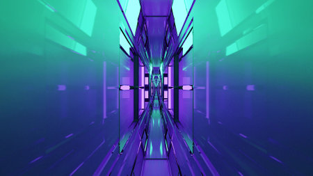 3D illustration of 4K UHD sci fi tunnel with glowing neon lightsの写真素材