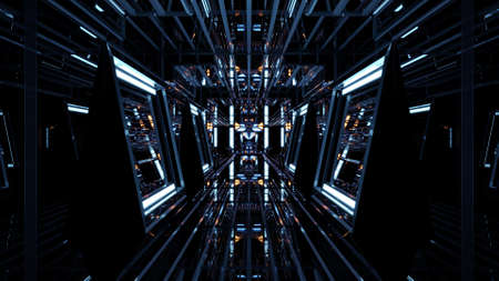 4K UHD 3D illustration of dark cyberspace with symmetric neon raysの写真素材