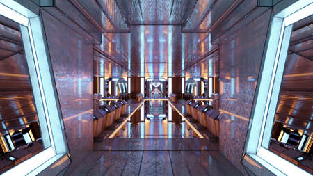 4K UHD 3D illustration of illuminated geometric corridor in skyscraperの写真素材