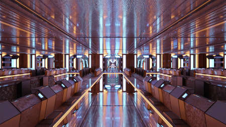 4K UHD 3D illustration of mirrored sci fi corridor as geometric backgroundの写真素材