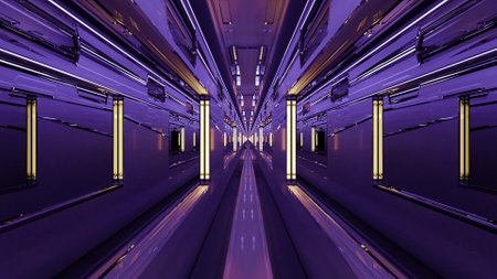 Bright lamps in symmetric violet tunnel 4K UHD 3D illustrationの写真素材