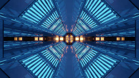 Blue tunnel with bright neon lamps 4K UHD 3D illustrationの写真素材