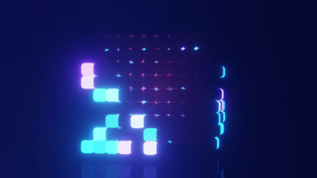 3d illustration with lights on black cube in 4k UHD qualityの写真素材