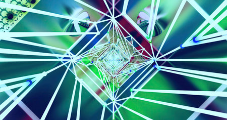 Vivid blue and green light beams radiate from a central point, forming an intricate geometric...