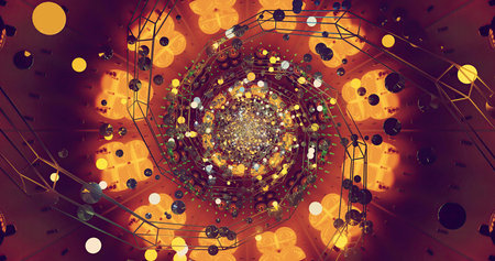 A spiral pattern filled with vibrant dots and shapes glows warmly in a modern space. This creative...