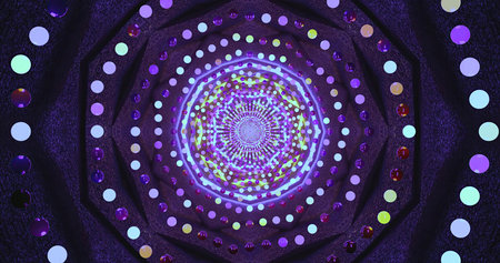A mesmerizing spiral design displays a mix of purple and white lights arranged in circular patterns....