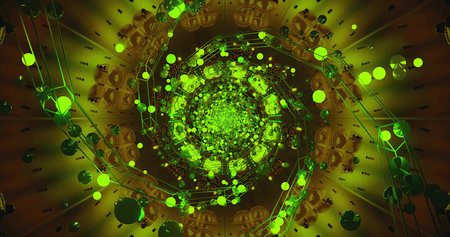 This vibrant composition features a swirling pattern of green spheres and lines. The design has an...