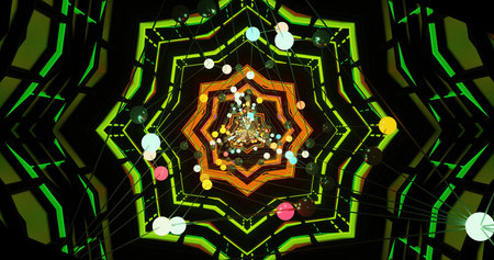 A vibrant, kaleidoscopic pattern fills the screen, featuring bright colors and intricate geometric...