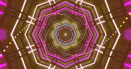 Colorful lights and intricate shapes form a captivating tunnel effect. Bright lines and circles...
