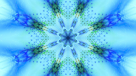 This artwork features a vibrant star-like pattern composed of various blue hues and textures. The...