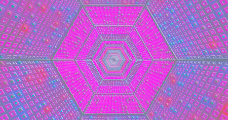 Bright, colorful hexagonal tunnel filled with glowing patterns. The walls display vivid pink and...