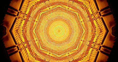 Bright and warm colors form a circular pattern that draws the eye towards the center. The intricate...
