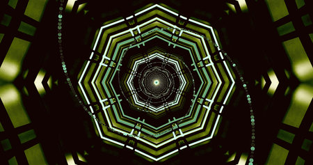 Colorful geometric shapes converge towards a central point, creating a hypnotic visual spiral. The...