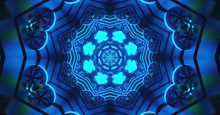 Bright blue lights create a stunning kaleidoscope pattern with delicate shapes. The design features...