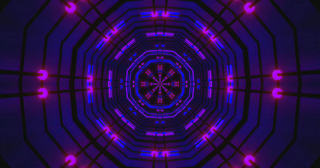 Vibrant neon lights form a circular tunnel effect, with shades of blue and pink creating a stunning...