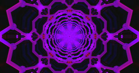 Intricate geometric shapes in bright purple radiate in a symmetrical design. The vibrant colors create a hypnotic visual effect that draws the viewer's attention.の写真素材